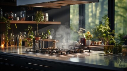 Modern kitchen and smoke exhaust ventilator in a new home.