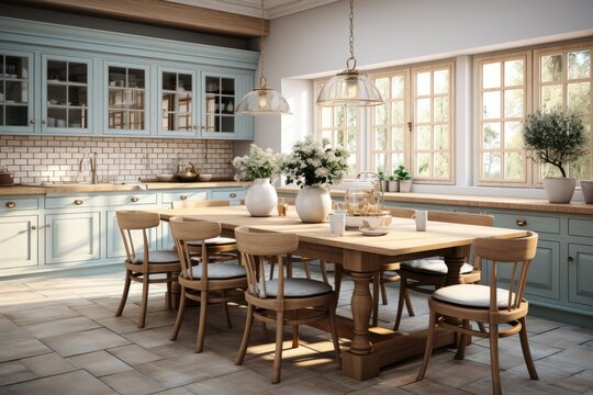 Scandinavian vintage kitchen with dining table, Dining Room and Kitchen Luxury Home.