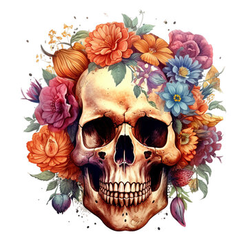 Dia de Los Muertos (Isolated PNG cut out of a Day of the dead), with sugar skull isolated on white, generative ai