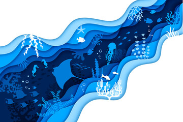 Manta ray, fish shoal, jellyfish and seahorse silhouettes on blue sea paper cut underwater landscape. 3d vector serene and enchanting scene of tranquility and awe in depths of the ocean in wavy frame - obrazy, fototapety, plakaty