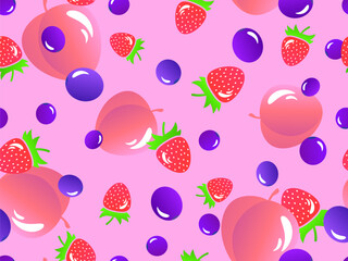 Seamless pattern with peaches, blueberries and strawberries. Gradient 3d fruits blueberry, peach, strawberry. Design for banners, posters and promotional materials. Vector illustration
