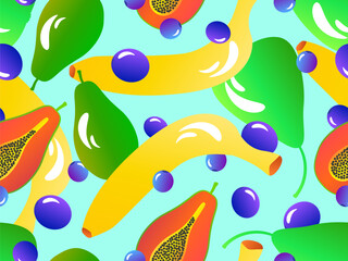 Seamless pattern with banana, blueberry, pear, papaya. Papaya with seeds. Summer fruit and berry mix in 3d style with gradient colors. Design for wallpaper and print. Vector illustration