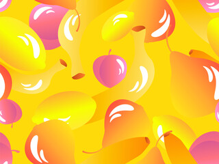 Seamless pattern with peach, lemon, banana and pear. Summer fruit with bananas, pear, peaches and lemon in 3d style and gradient colors. Design for wallpaper and print. Vector illustration