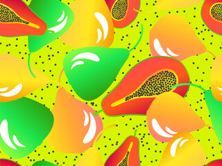 Seamless pattern with papaya and pears. Summer exotic fruit mix pear and papaya with gradient colors in 3d style. Design for banners, posters and promotional materials. Vector illustration