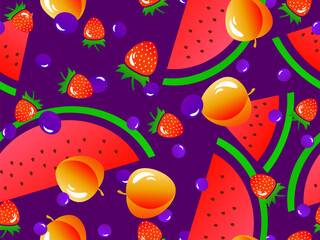 Seamless pattern with watermelon, peach, strawberry, blueberry. Summer exotic fruit mix with gradient colors in 3d style. Design for banners, posters and promotional materials. Vector illustration