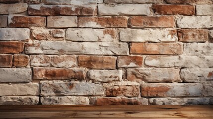 Old wooden table and brick wall. Empty wooden table with old brick wall background, Product display template.