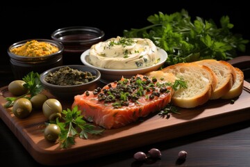 Sandwiches or toasts with salted salmon, Red fish and herbs with bread, Healthy food, breakfast, Dieting food concept.