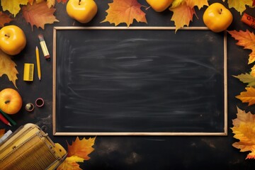 Autumn background with school bus and falling leaves