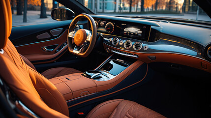 Modern luxury car interior details, Steering wheel, shift lever and dashboard.
