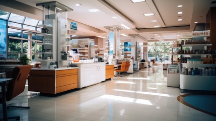 innovative pharmacy interior, Interior of a modern pharmacy. - obrazy, fototapety, plakaty