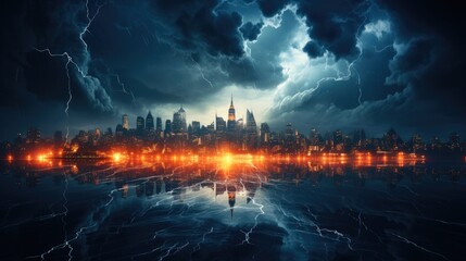 Lightning storm over the city, Concept on topic weather, Hurricane, Storm.