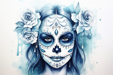 Watercolor illustration of colorful Mexican Day of the Dead. Woman portrait with festive costume, skull make-up and floral accents. Carnaval celebration.