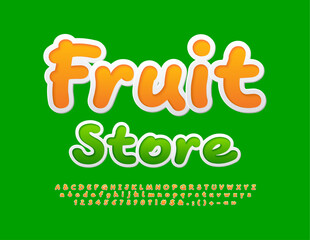 Vector bright template Fruits Store. Playful Orange Font. Creative sticker Alphabet Letters and Numbers set