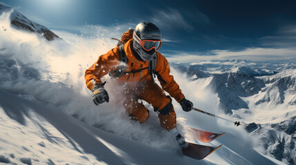 Skiers are skiing down a snowy mountain slope, Athlete skier jumping over slopes.
