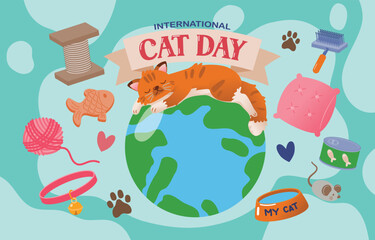 Fototapeta premium Celebrate International Cat Day with a Cute Cat Sleeping on Earth, Vector, Illustration