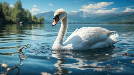 Plakat Swan, Beautiful white swan floating on the lake, White swan in the water.