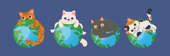 Adorable Cat Companions: Playful Diversity of Four Breeds in Funny Poses On Earth, Vector, Illustration