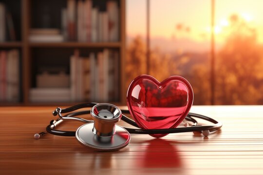 Red heart love shape hand exercise ball with doctor physician's stethoscope on hospital background, Heart care concept.