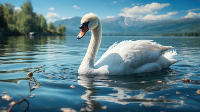 Swan, Beautiful white swan floating on the lake, White swan in the water.