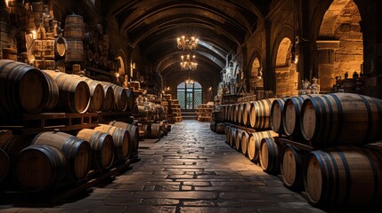 Wine barrels in wine vaults, Wine or whiskey barrels, French wooden barrels. - obrazy, fototapety, plakaty