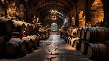 Fotobehang Wine barrels in wine vaults, Wine or whiskey barrels, French wooden barrels. © visoot