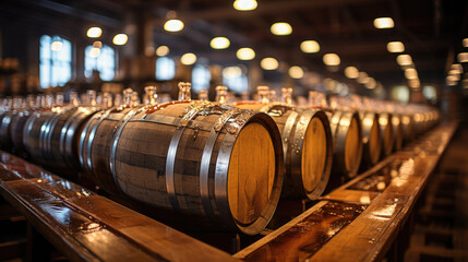 Wine barrels, Wine in wooden barrels is stored for aging. - obrazy, fototapety, plakaty