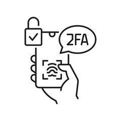 2FA two factor authentication icon, fingerprint verification, vector 2 step access authorization. 2FA or MFA multifactor authentication icon for user identity biometric validation and secure access