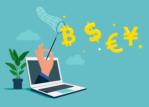 Businessman through the laptop  holding butterfly net catch dollar euro yuan bitcoin money growth wealth exchange. Flat vector illustration.