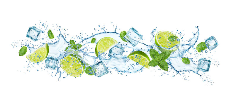 Mojito drink splash with realistic water wave, ice cubes, lime and mint leaves. 3d vector liquid flow of fresh cold lemonade, cocktail refreshing beverage with icy blocks, citrus and spearmint foliage