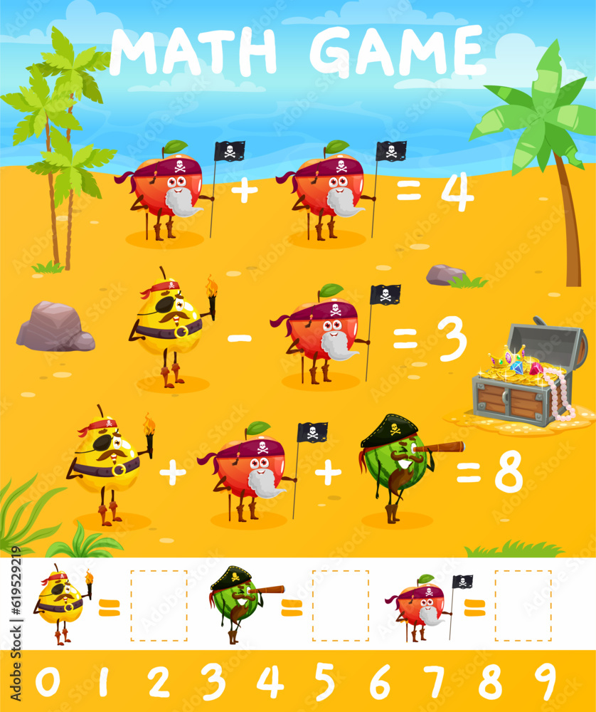 Poster cartoon funny fruits pirate and corsair characters on math game worksheet, vector quiz. apple pirate
