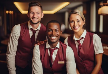 hotel staff group portrait with big smile, idea for happy working and service mind, Generative Ai