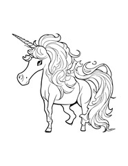 Hand-drawn cute unicorn coloring page for kid's outline illustration