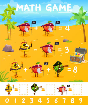 Cartoon funny fruits pirate and corsair characters on math game worksheet, vector quiz. Apple pirate, watermelon captain and pear sailor, kids mathematics puzzle game for number count and calculation