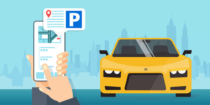 Concetto di app mobile per il parcheggio in citt&agrave; intelligente. Illustrazione della tecnologia del traffico urbano. - illustrazioni