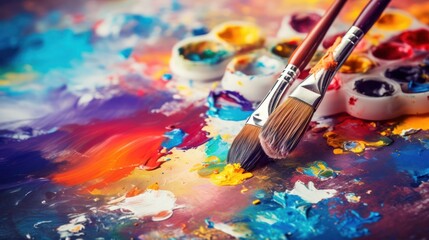 Obraz premium Paint brushes and palette of colors on color background