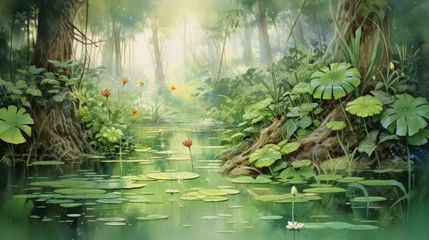 Fotobehang Lush wetlands teem with life. Symphony of croaking frogs, chirping crickets, and the occasional rustle of a hidden creature. Watercolor Painting. Generative AI © Kanisorn