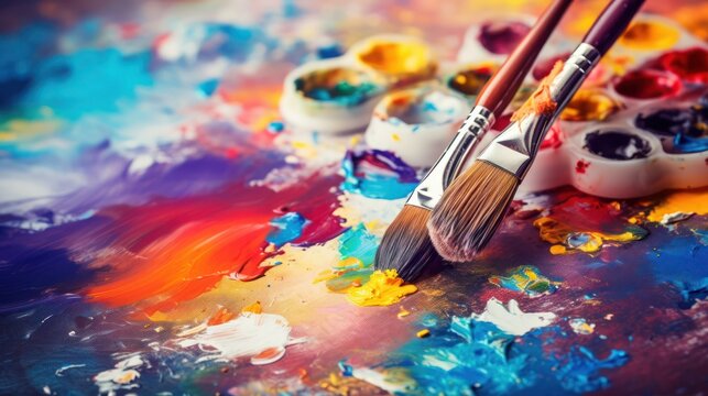 Paint brushes and palette of colors on color background