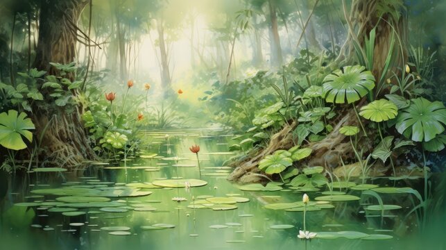 Lush wetlands teem with life. Symphony of croaking frogs, chirping crickets, and the occasional rustle of a hidden creature. Watercolor Painting. Generative AI © Kanisorn