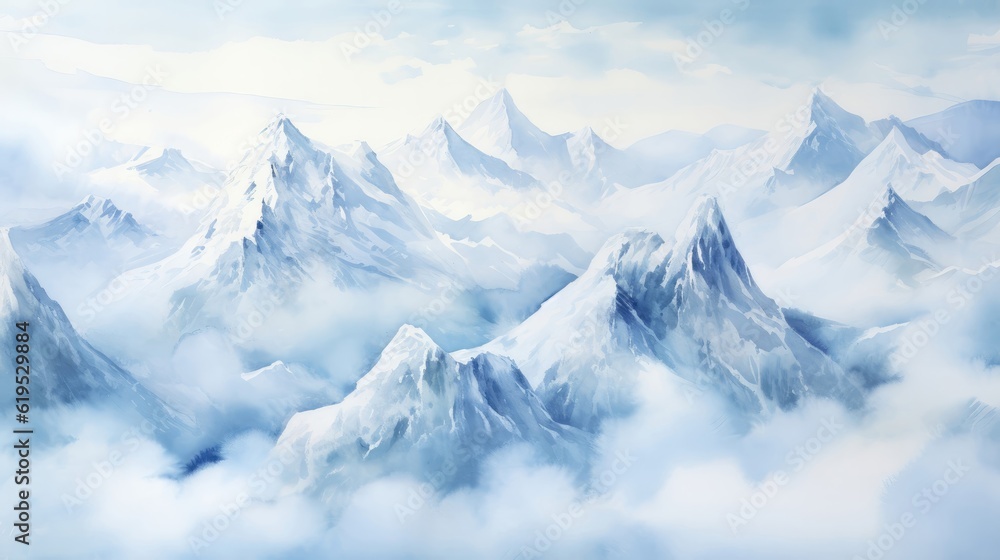 Sticker Majestic mountains soar towards the heavens. Adorned with ethereal mist and crowned with glistening snow-capped peaks. Watercolor Painting. Generative AI