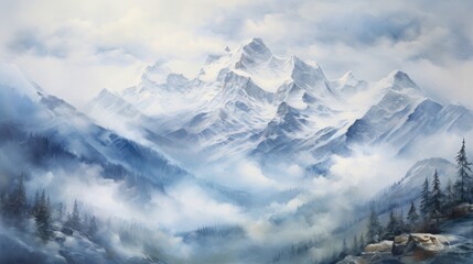 Fototapeta na wymiar Majestic mountains soar towards the heavens. Adorned with ethereal mist and crowned with glistening snow-capped peaks. Watercolor Painting. Generative AI