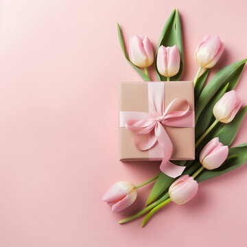 Gift box with pink tulips on pink background. Flat lay, top view