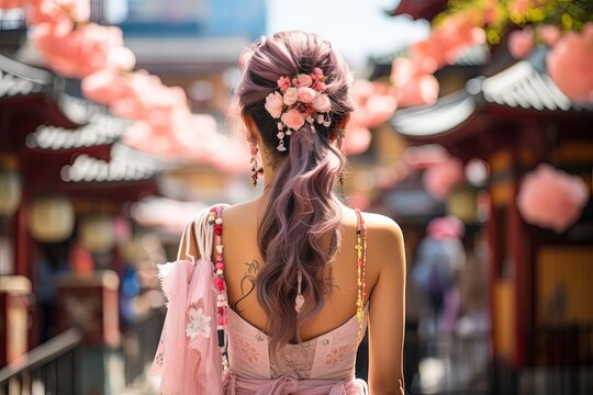 pretty attractive young woman walking in ancient Asian town, pink hair with flower, Generative Ai