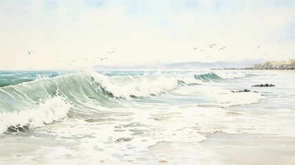 Naklejka na ściany i meble Pristine coastlines unveil their raw splendor, where crashing waves sculpt intricate patterns upon untouched sands, and seagulls glide on the salty breeze. Watercolor Painting. Generative AI