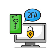2FA two factor verification, key and lock, secure password and two-factor authentication. Vector security code and computer screen, checking entrance