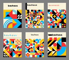 Obraz premium Abstract geometric posters with Bauhaus patterns, vector minimal modern cover backgrounds. Bauhaus posters with retro shapes and simple Swiss art or vintage geometric abstract colors pattern