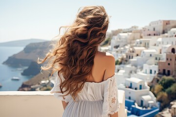 Fototapeta na wymiar pretty attractive young woman at Mediterranean cliff top village view, Generative Ai
