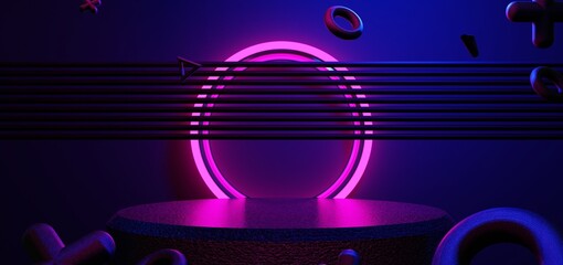 Fototapeta premium futuristic gaming esports background abstract wallpaper, cyberpunk style scifi game, stage concert scene in pedestal display room, led neon glow light, 3d illustration rendering