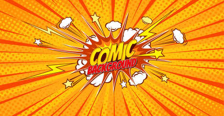 Fototapeta premium Orange and yellow comic pop art background with blast explosion and comics bubble. Cartoon vector popart poster in retro comics book style with burst explode cloud, light flashes, stars and rays