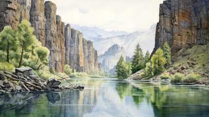 Fototapeta premium Serpentine rivers meander through untouched wilderness, their tranquil waters reflecting the majesty of towering cliffs and ancient forests. Watercolor Painting. Generative AI