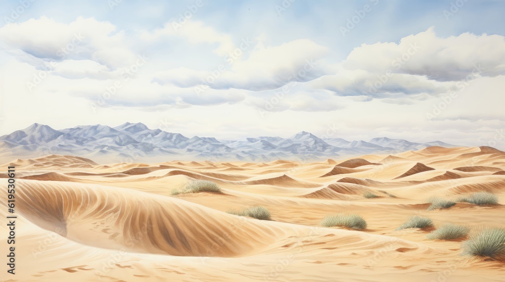 Sticker Timeless deserts stretch across vast expanses. Dunes sculpted by the wind into mesmerizing patterns that shift with the passage of time. Watercolor Painting. Generative AI